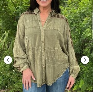 Young Threads Olive & Wine Embroidery Bat Sleeve Top L